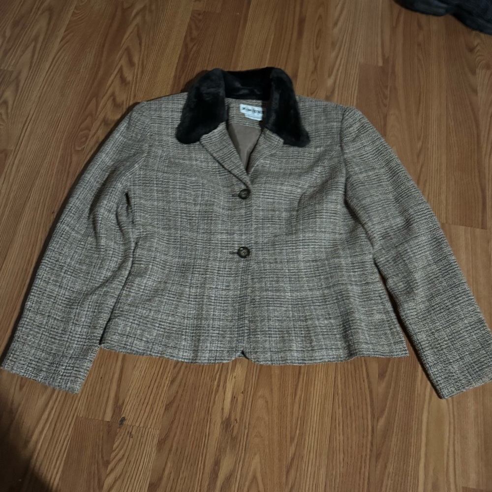 Joan Leslie Vintage Brown‎ Plaid Faux Fur Trim Blazer Jacket Y2k Basics Retro